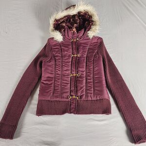 J.J. Basics Women’s XL Hooded Puffer Jacket Faux Fur Trim Burgundy